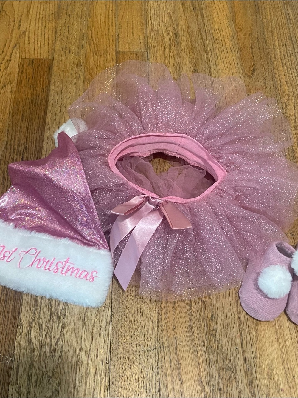 bebe Pink Glitter Tutu Skirt with Matching Pink Glitter Santa Hat
